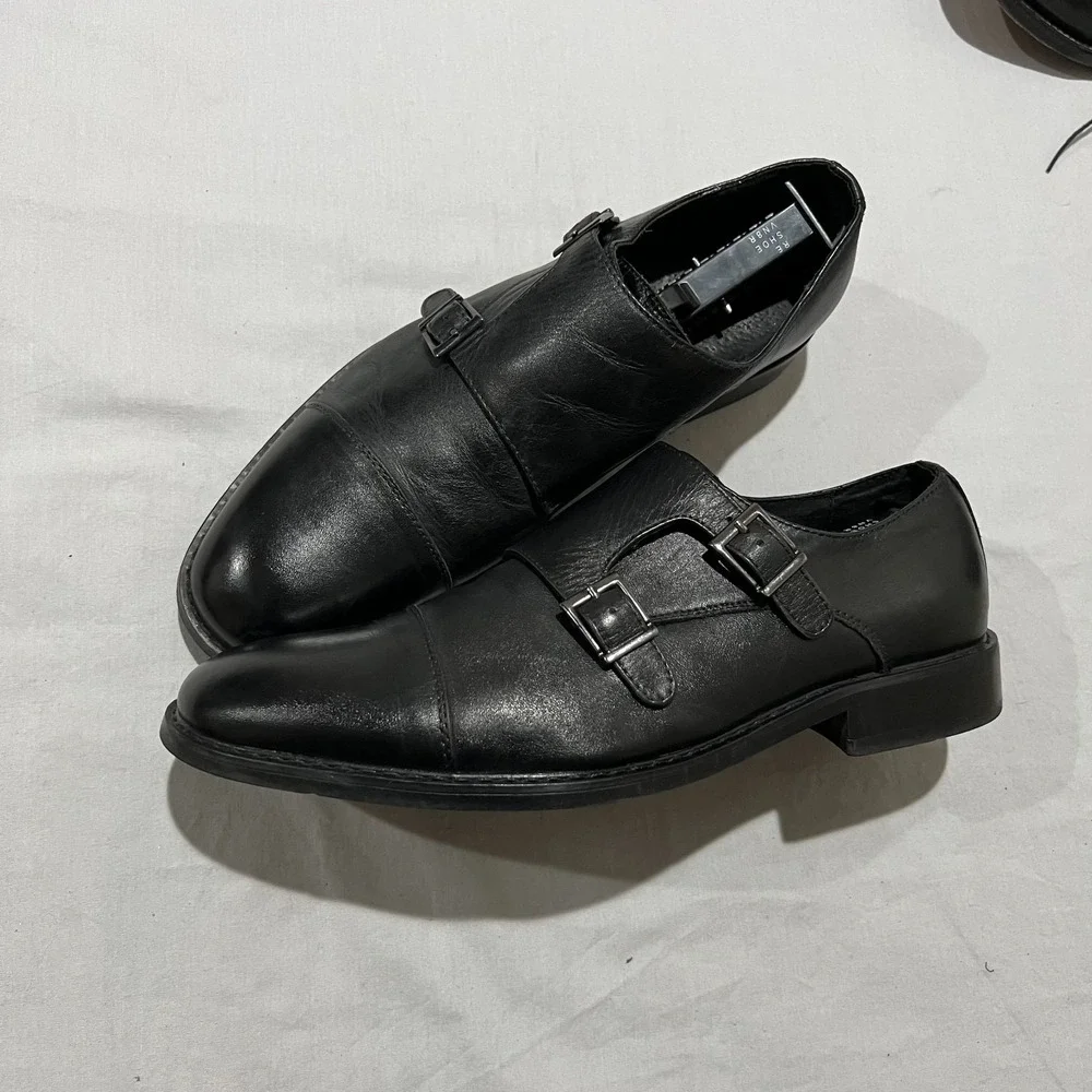 Vintage Mens Black Leather Classic Double Monk Strap Dress Shoes Size 8.5 M